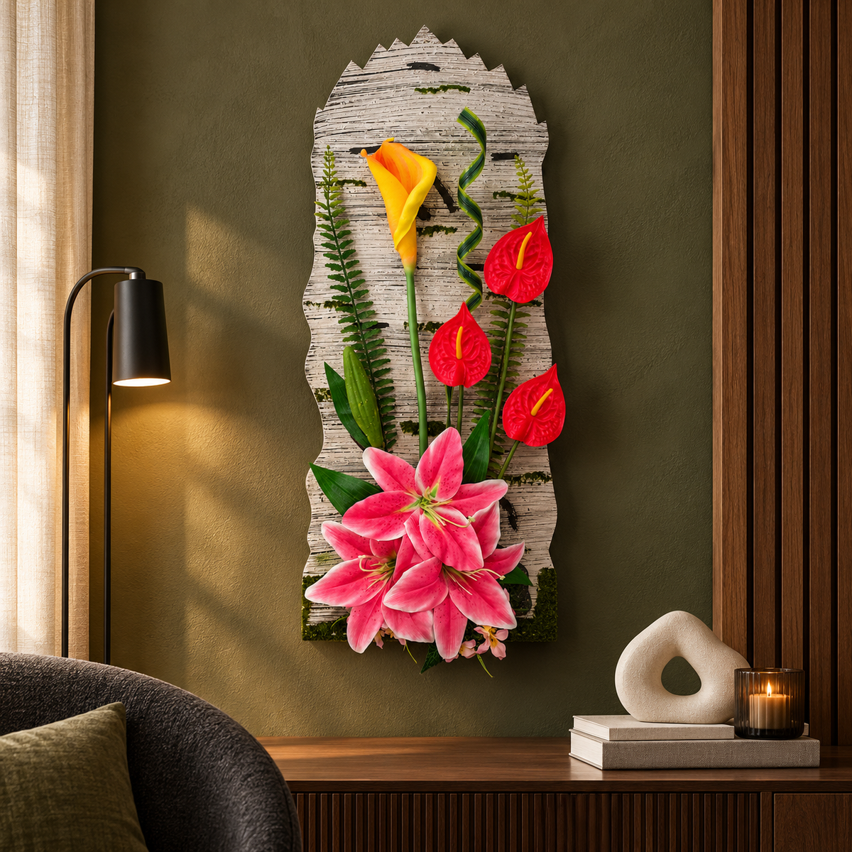 Tablou Floral 3D de Perete FloraVista, cu Flori Artificiale și Suport Decorativ, Aspect Natural, 30 × 70 cm