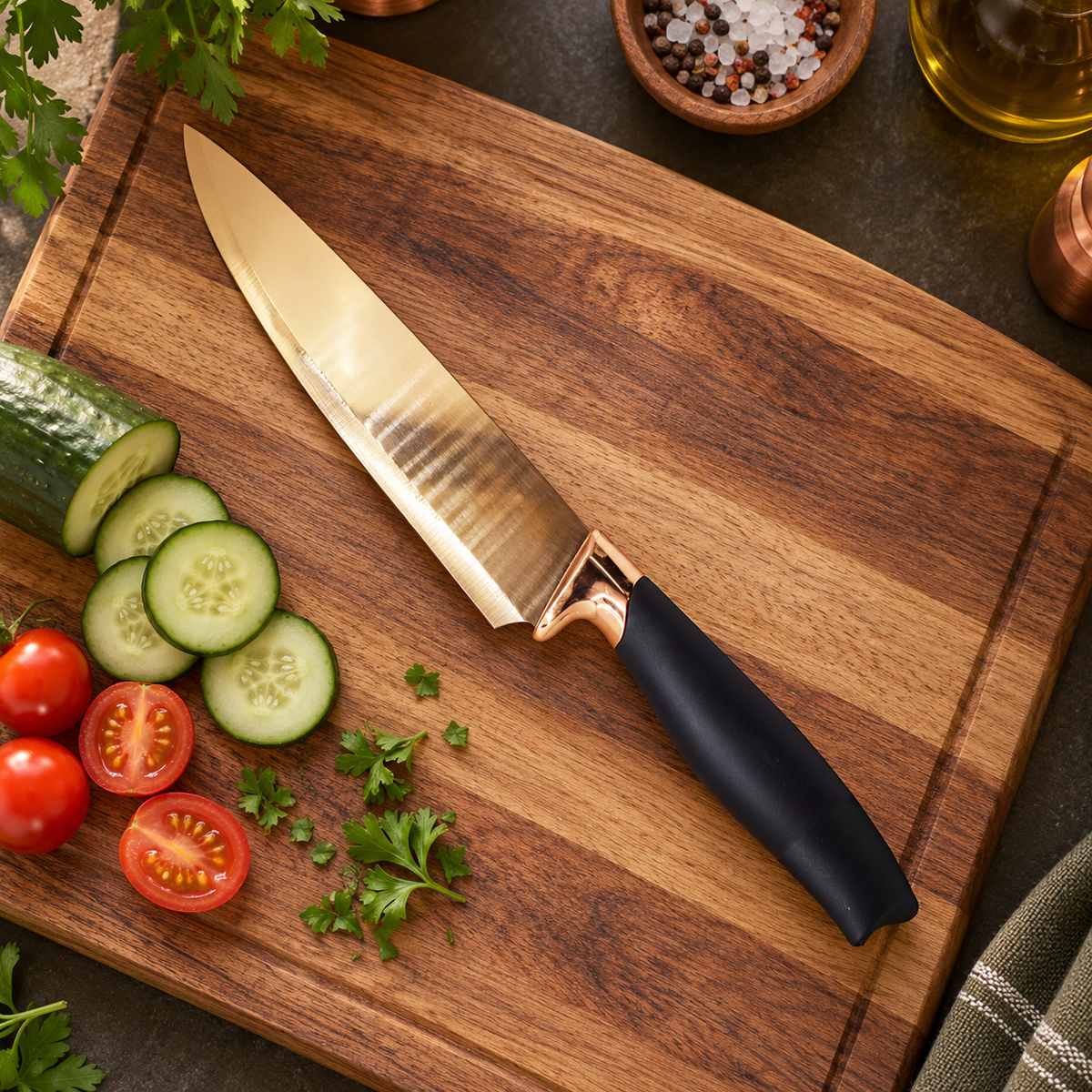 Set Cuțite și Satâr TrioChef, Lame din Inox, pentru Feliere, Tocat și Porționare, 3 Piese