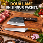 Pachet Cuțit și Satâr KitchenDuo, 2 Piese cu Lame din Inox, pentru Tăiere, Feliere și Porționare – 2 Variante