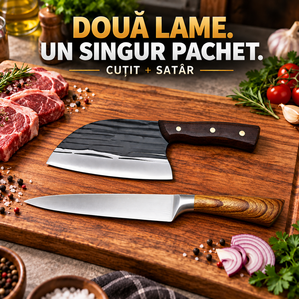 Pachet Cuțit și Satâr KitchenDuo, 2 Piese cu Lame din Inox, pentru Tăiere, Feliere și Porționare – 2 Variante