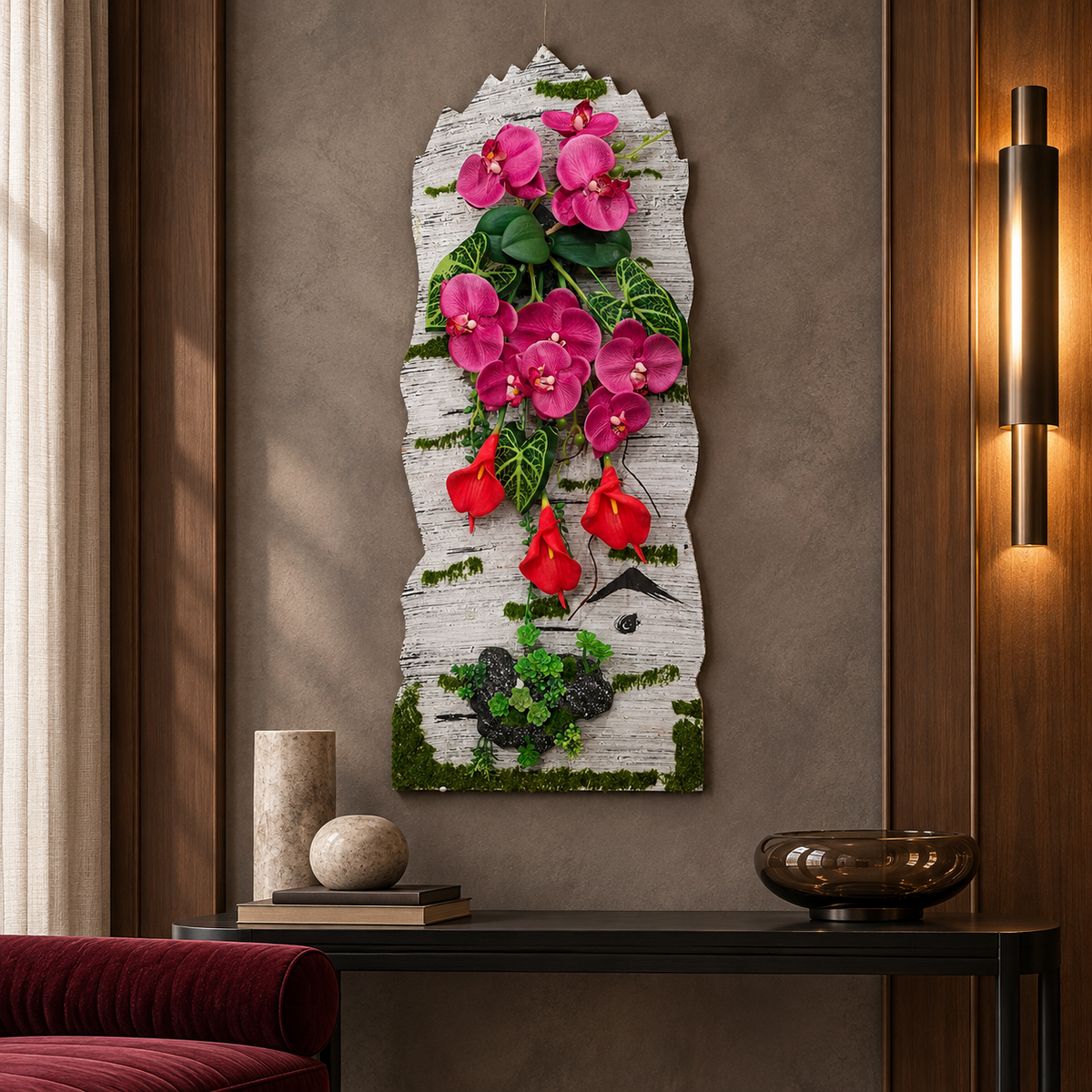 Tablou Floral 3D de Perete FloraVista, cu Flori Artificiale și Suport Decorativ, Aspect Natural, 30 × 70 cm