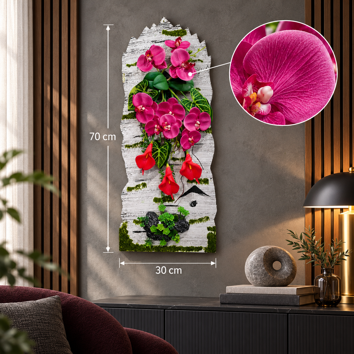 Tablou Floral 3D de Perete FloraVista, cu Flori Artificiale și Suport Decorativ, Aspect Natural, 30 × 70 cm