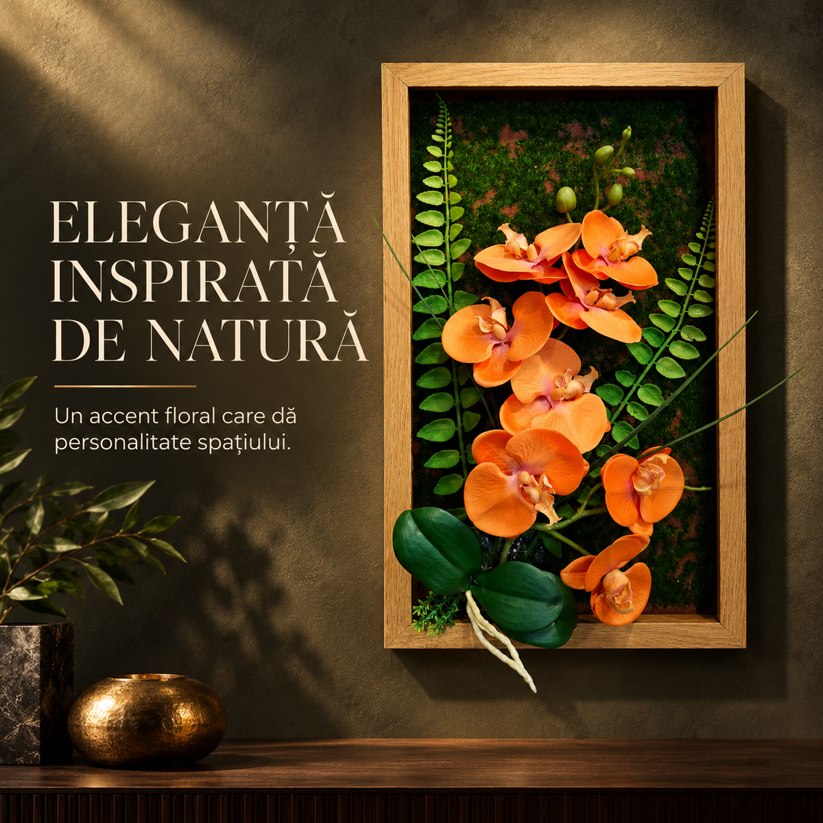 Tablou Floral Decorativ 3D FloraVista, cu Flori Artificiale, Fundal Verde și Ramă de Lemn, pentru Perete, 24 × 40 cm