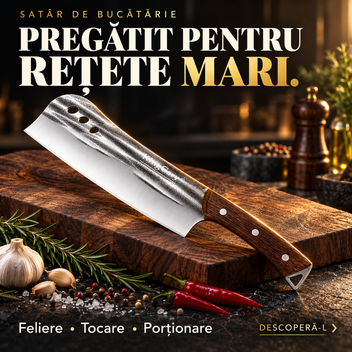 Satâr de Bucătărie TitanChef, Lamă din Inox de 4 mm, Mâner din Lemn, pentru Tocat, Feliere și Porționare – 4 Variante