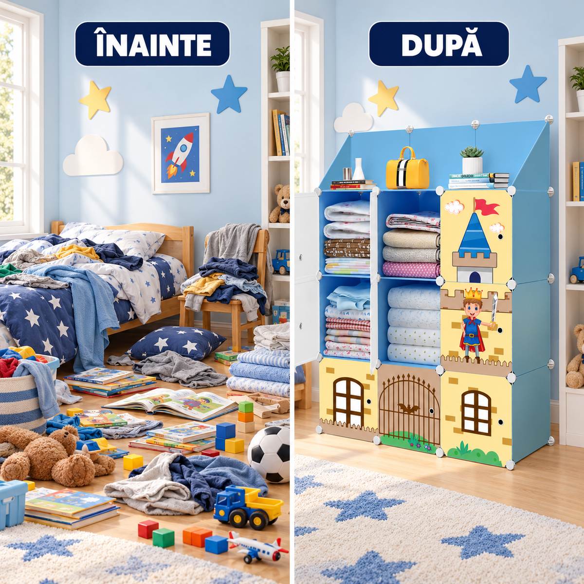 Dulap Modular pentru Copii MagicNest, cu 9 Uși și Imprimeuri Colorate, pentru Haine, Lenjerii, Jucării și Cărți – 4 Variante
