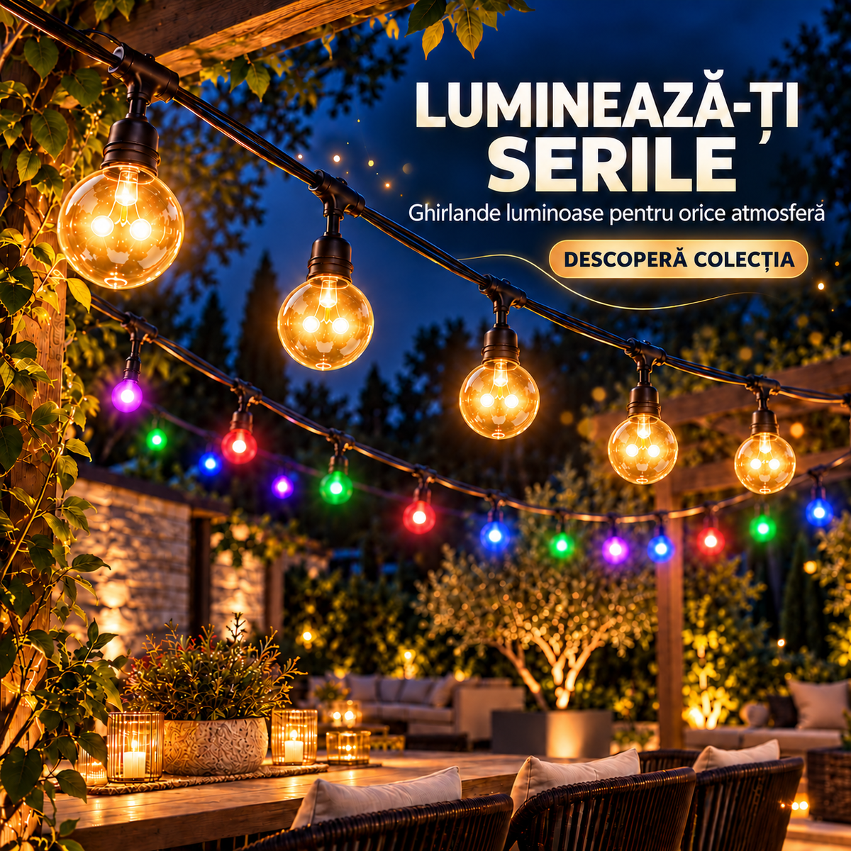 Ghirlandă Luminoasă LED TerraGlow, 5 m, cu 10 Becuri, pentru Interior și Exterior, Alimentare Solară sau 220 V