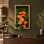 Tablou Floral Decorativ 3D FloraVista, cu Flori Artificiale, Fundal Verde și Ramă de Lemn, pentru Perete, 24 × 40 cm