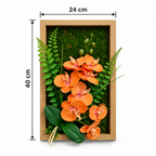Tablou Floral Decorativ 3D FloraVista, cu Flori Artificiale, Fundal Verde și Ramă de Lemn, pentru Perete, 24 × 40 cm