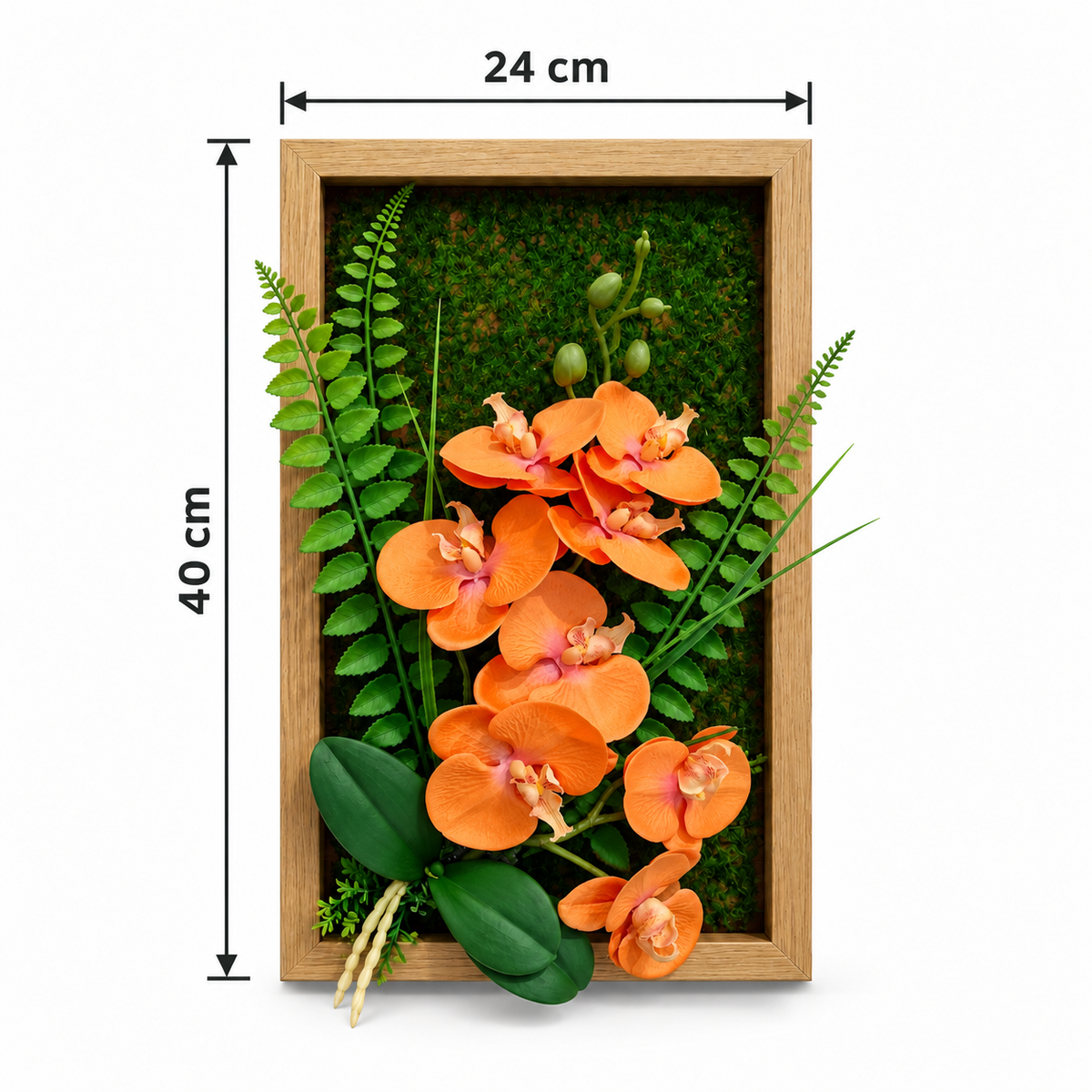 Tablou Floral Decorativ 3D FloraVista, cu Flori Artificiale, Fundal Verde și Ramă de Lemn, pentru Perete, 24 × 40 cm