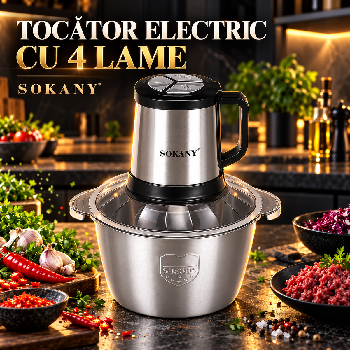 Tocător Electric Multifuncțional SOKANY, cu 4 Lame, pentru Carne, Legume și Nuci – 4 Variante
