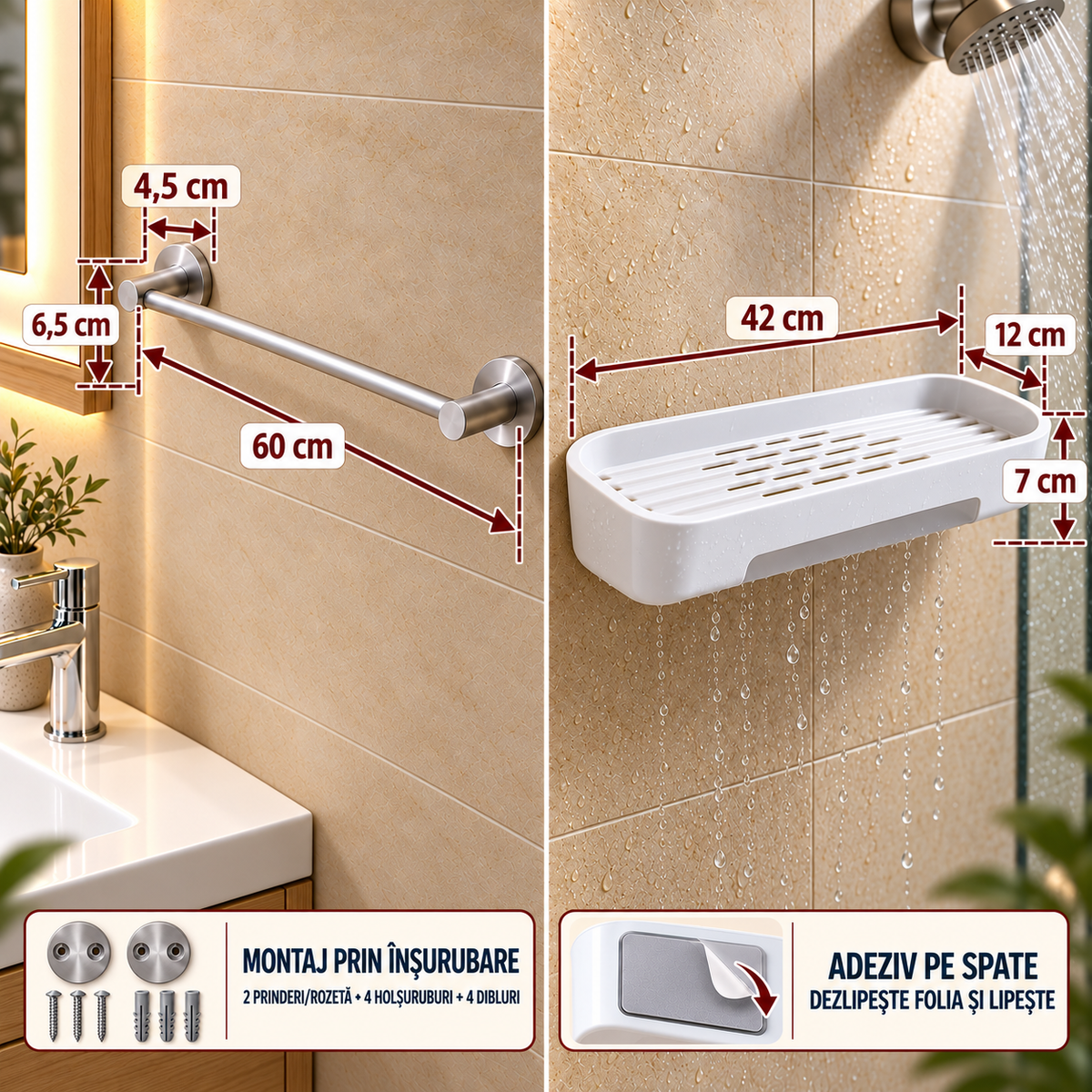 Set 2 Accesorii pentru Baie AquaDuo, pentru Organizare, Depozitare și Prosoape – 4 Variante