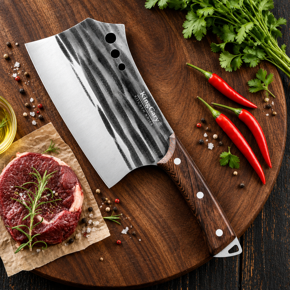 Satâr de Bucătărie TitanChef, Lamă din Inox de 4 mm, Mâner din Lemn, pentru Tocat, Feliere și Porționare – 4 Variante
