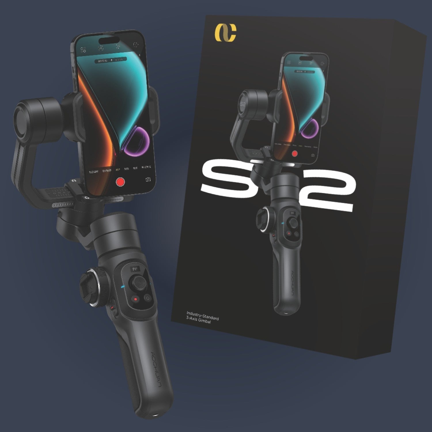 Gimbal Aochuan SMART S2, 3 axe, Acumulator 6400mAh, Lumina integrata,  aplicatie dedicata, Content Creator Edition, Negru Mat
