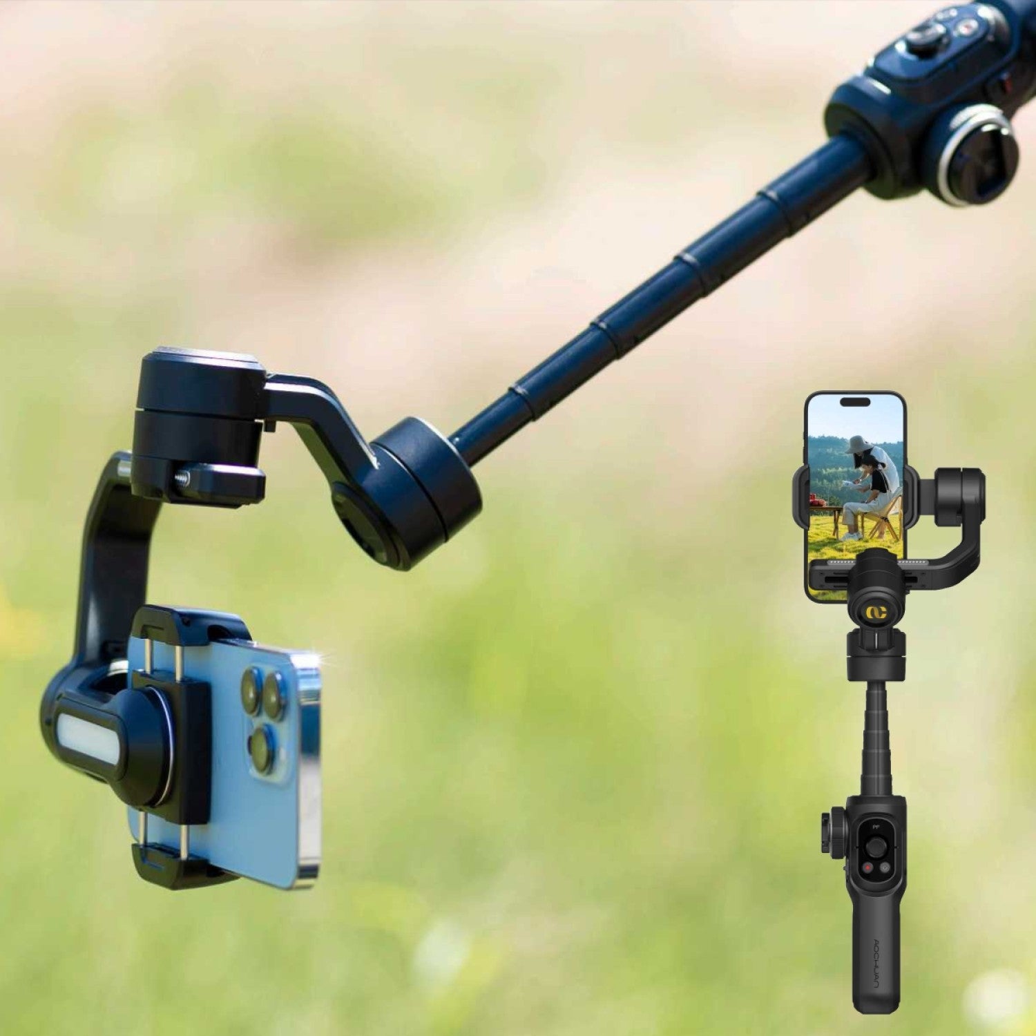 Gimbal Aochuan SMART S2, 3 axe, Acumulator 6400mAh, Lumina integrata,  aplicatie dedicata, Content Creator Edition, Negru Mat