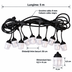 Ghirlandă Luminoasă LED TerraGlow, 5 m, cu 10 Becuri, pentru Interior și Exterior, Alimentare Solară sau 220 V
