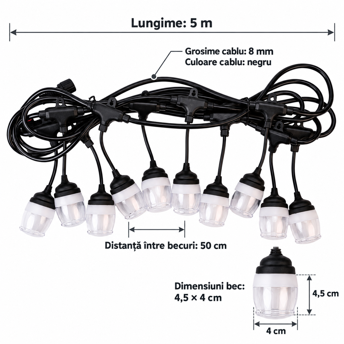 Ghirlandă Luminoasă LED TerraGlow, 5 m, cu 10 Becuri, pentru Interior și Exterior, Alimentare Solară sau 220 V