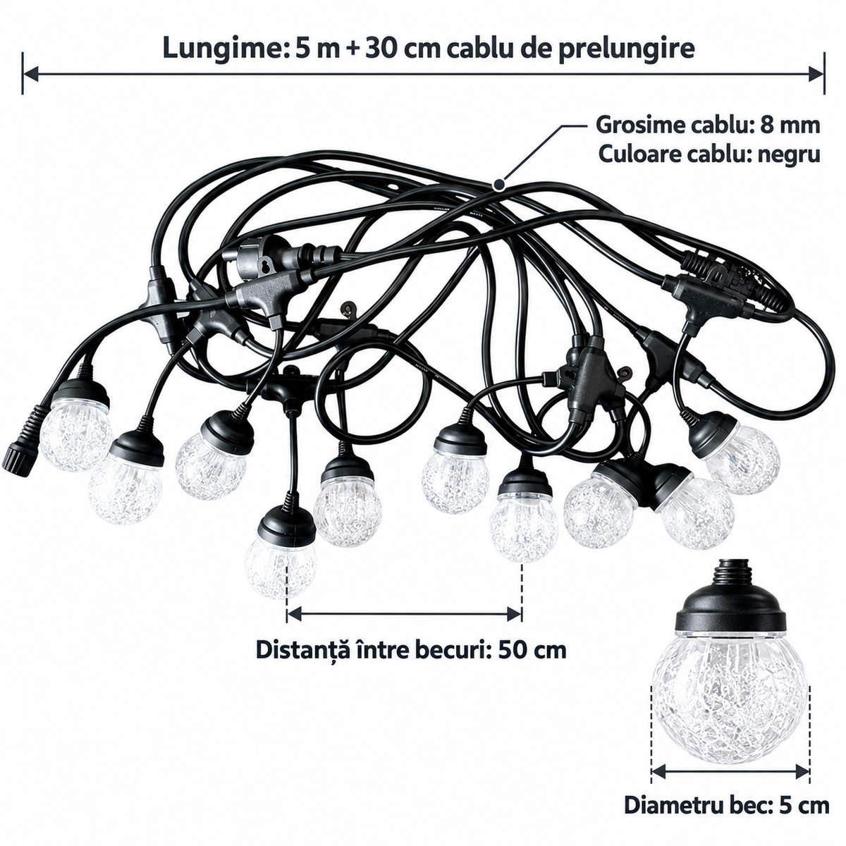 Ghirlandă Luminoasă LED TerraGlow, 5 m, cu 10 Becuri, pentru Interior și Exterior, Alimentare Solară sau 220 V