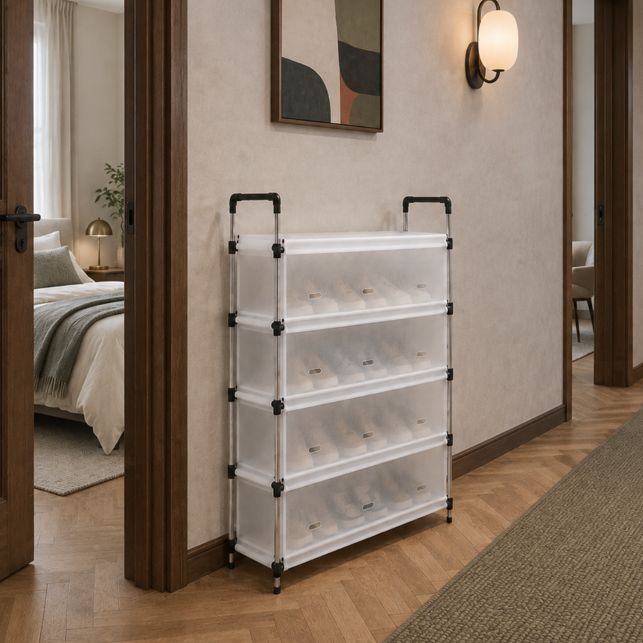 Pantofar Urban Loft cu protecție antipraf, depozitare compactă, alb