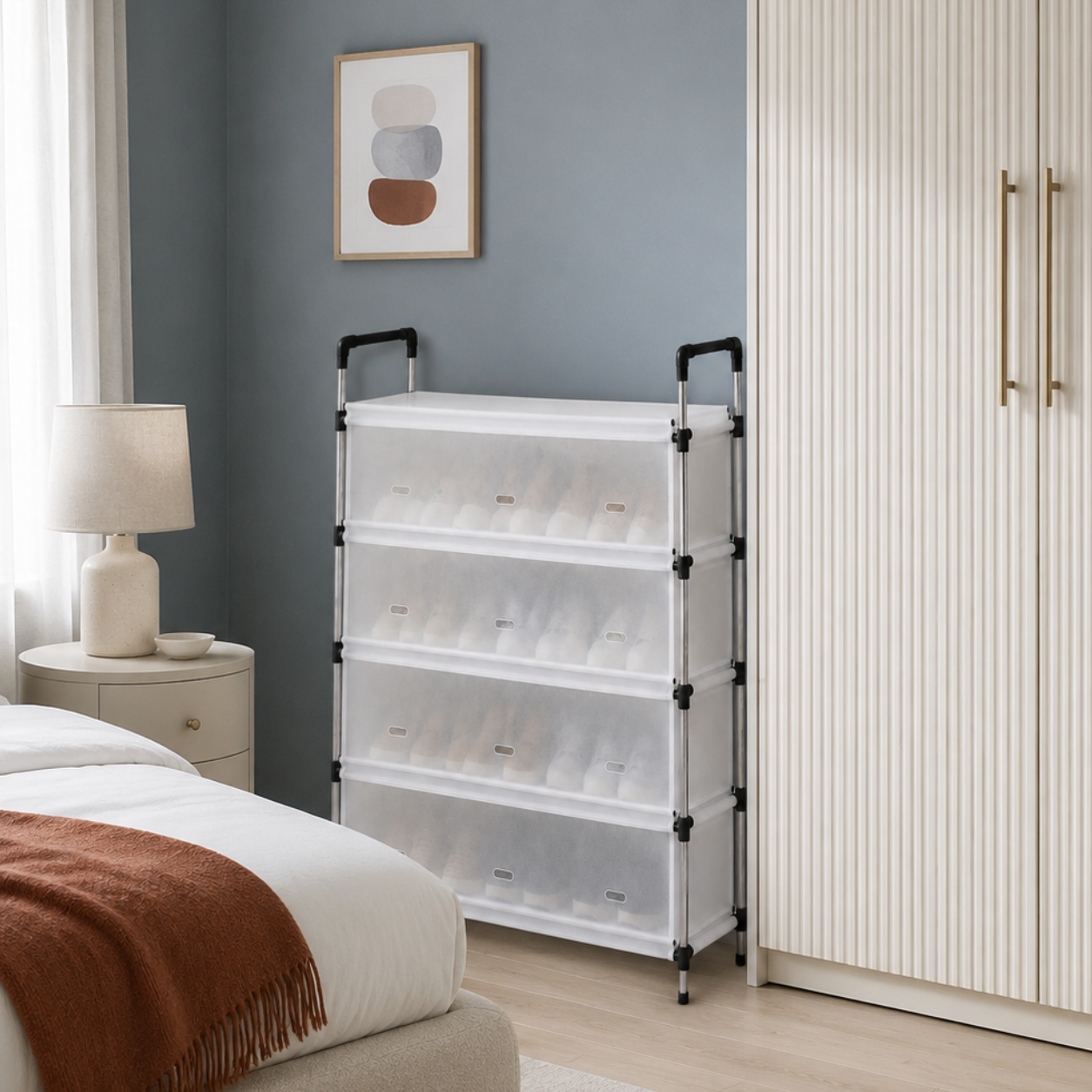 Pantofar Urban Loft cu protecție antipraf, depozitare compactă, alb
