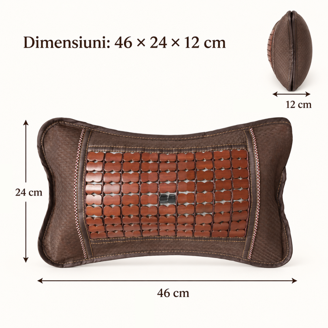 Pernă din bambus cu frunze de ceai – sprijin pentru spate, circulație și relaxare, 46 × 24 × 12 cm