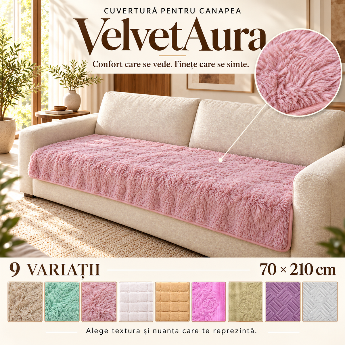 Cuvertură pentru Canapea VelvetAura, din Poliester Pufos, Antialunecare, 70 × 210 cm – 9 Variante
