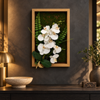 Tablou Floral Decorativ 3D FloraVista, cu Flori Artificiale, Fundal Verde și Ramă de Lemn, pentru Perete, 24 × 40 cm