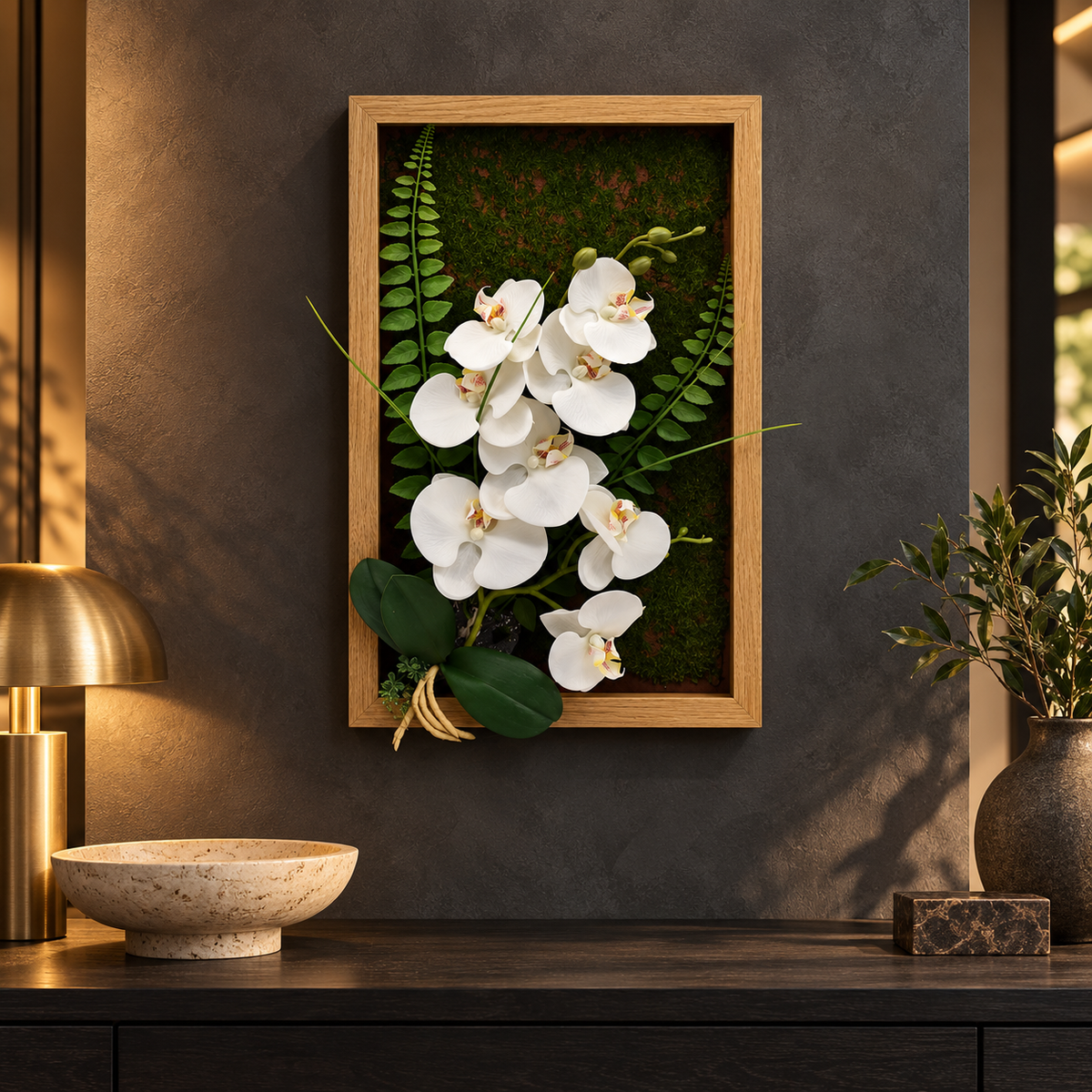 Tablou Floral Decorativ 3D FloraVista, cu Flori Artificiale, Fundal Verde și Ramă de Lemn, pentru Perete, 24 × 40 cm