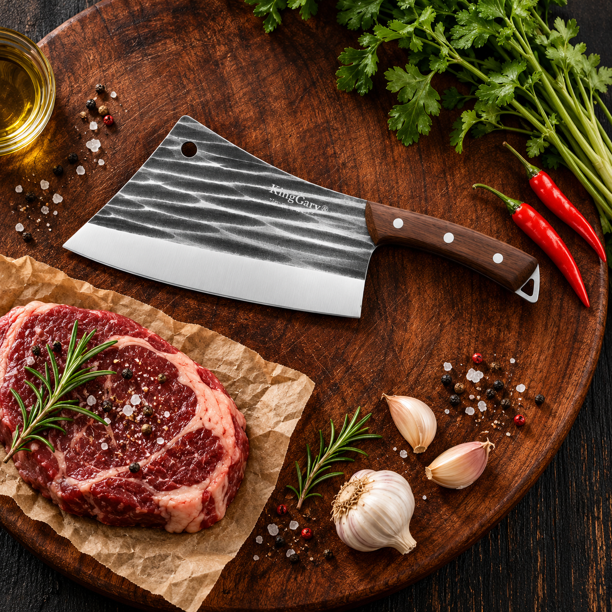 Satâr de Bucătărie TitanChef, Lamă din Inox de 4 mm, Mâner din Lemn, pentru Tocat, Feliere și Porționare – 4 Variante