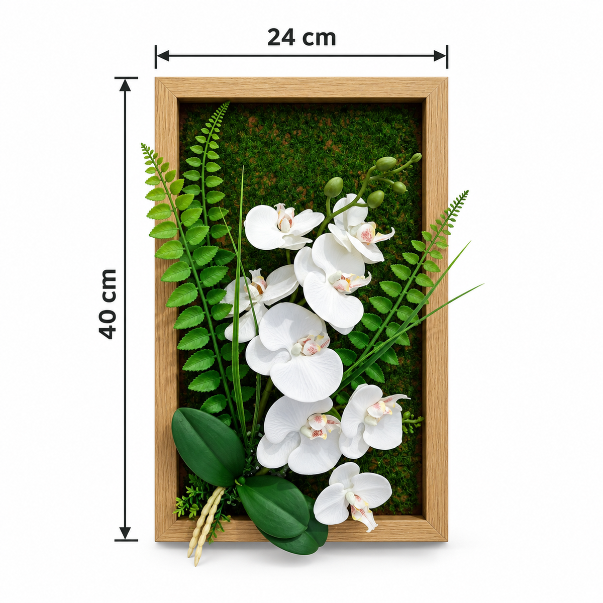 Tablou Floral Decorativ 3D FloraVista, cu Flori Artificiale, Fundal Verde și Ramă de Lemn, pentru Perete, 24 × 40 cm