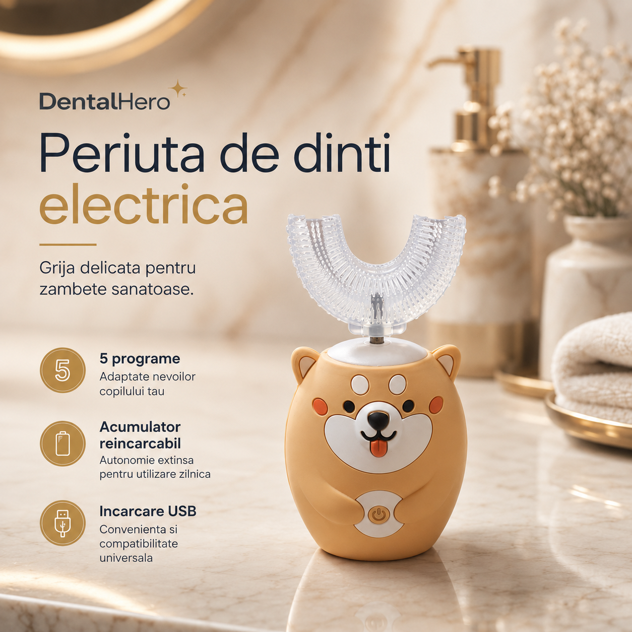 Periuță de dinți electrică DentalHero pentru copii 3-12 ani, 5 programe, acumulator, încărcare USB