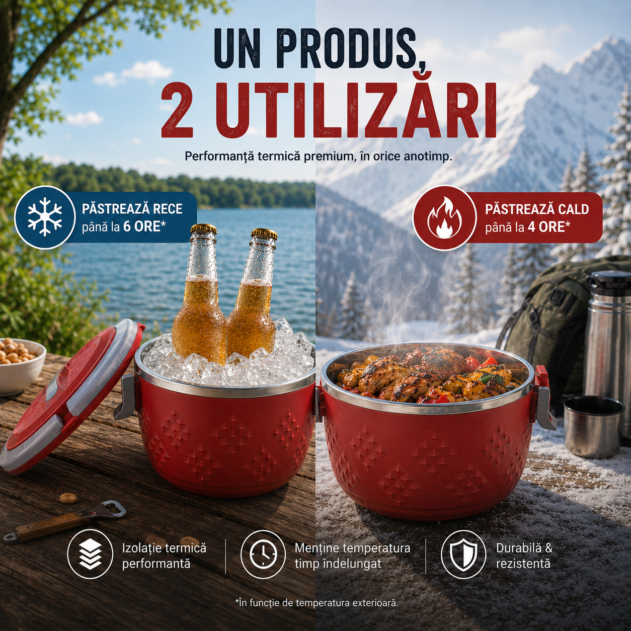 ThermoGrip Inox - SET 3 Caserole termice premium cu interior din Inox și Izolație din Spumă, Până la 4h Cald / 6h Rece - diferite modele