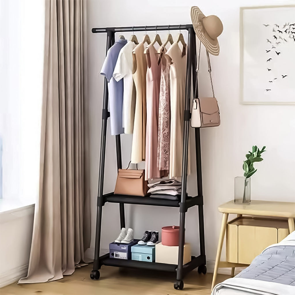 Cuier haine cu suport pantofi, 2 polite,  Negru, D4831