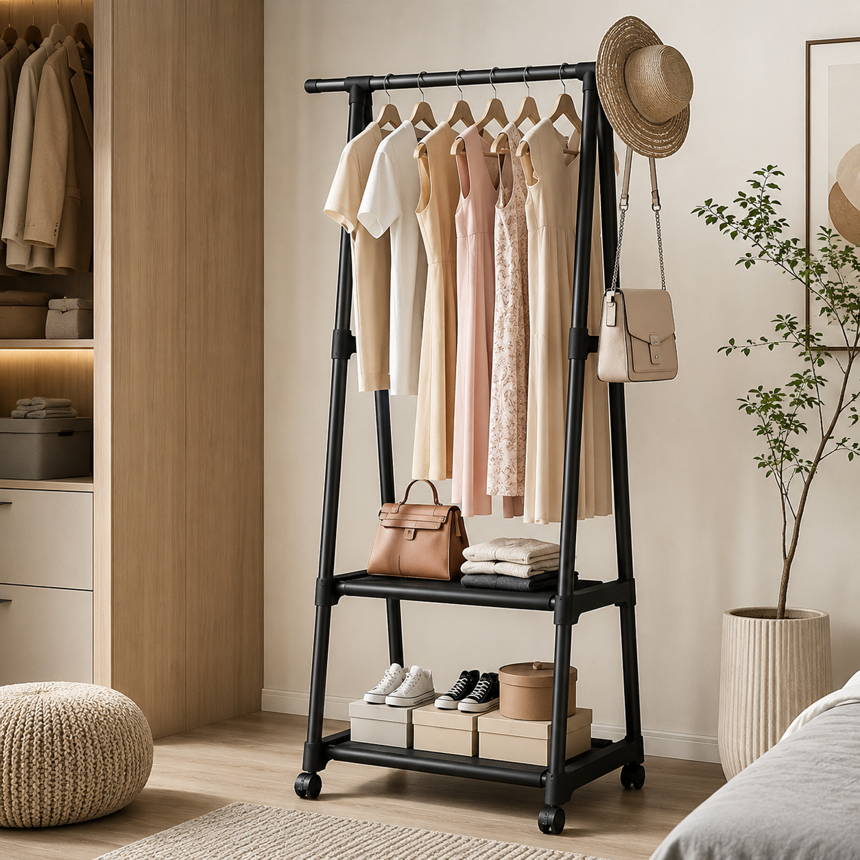 Stativ Vestimentar Urban Loft SpaceSaver, Metalic, cu Roți și Suport Pantofi