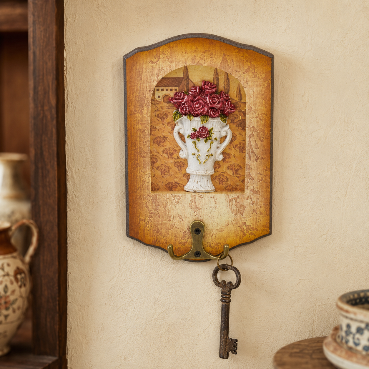 Cuier Decorativ de Perete cu Cârlig Dublu – Maro Rustic (11 x 17 cm)
