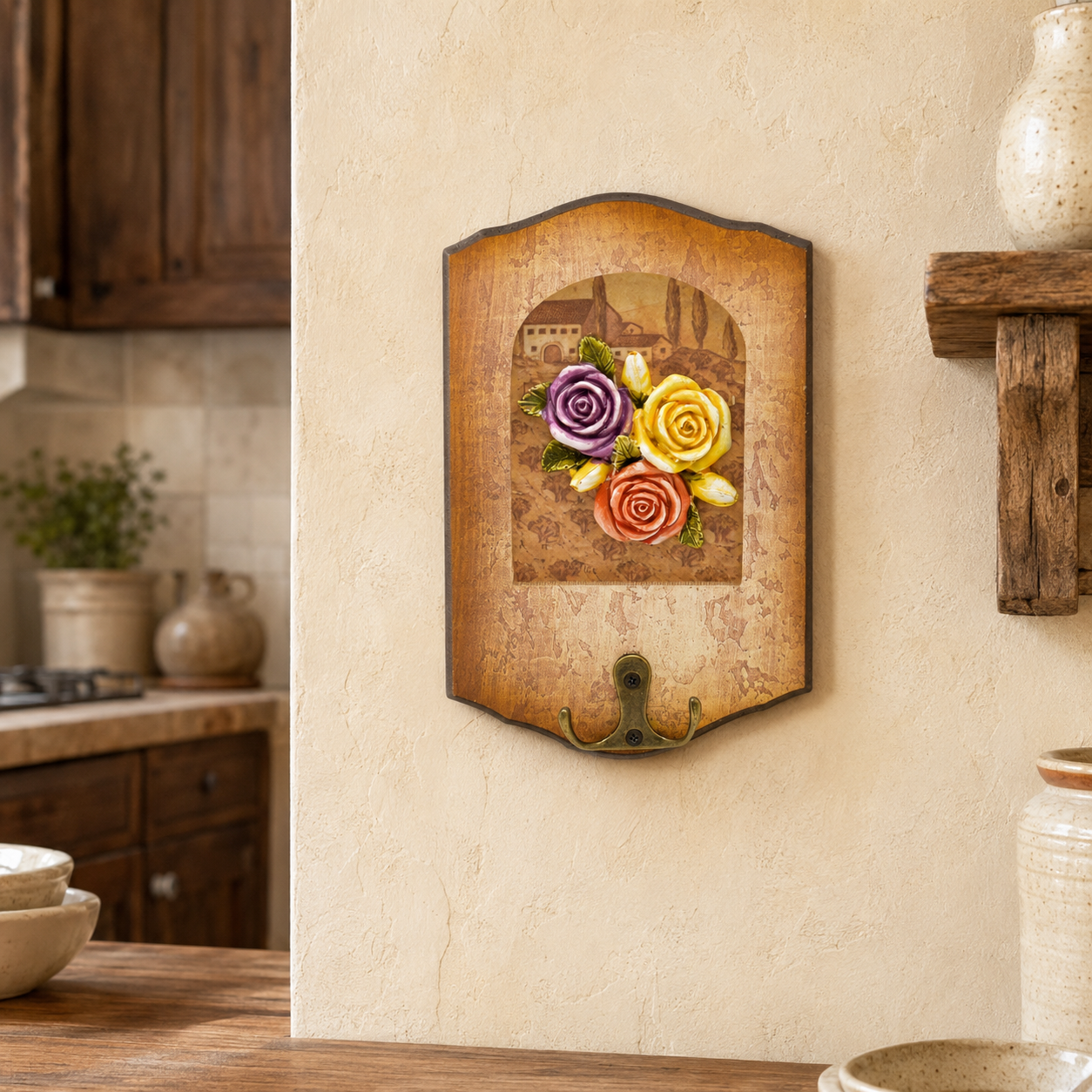 Cuier Decorativ de Perete cu Cârlig Dublu – Maro Rustic (11 x 17 cm)