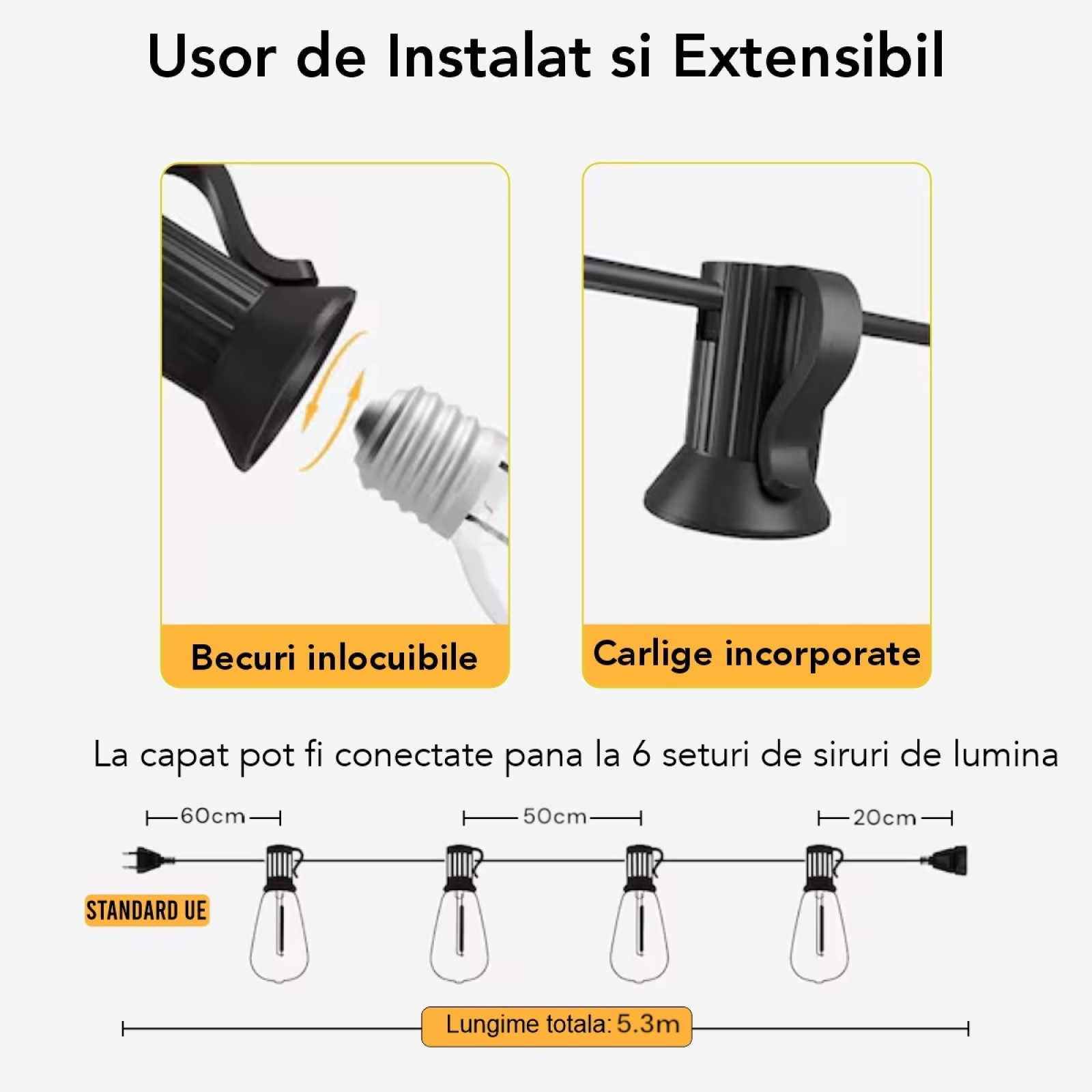 Ghirlanda luminoasa, decorativa, interconectabila, 5m, 10 Becuri LED, Lumina Alb Cald, D6126