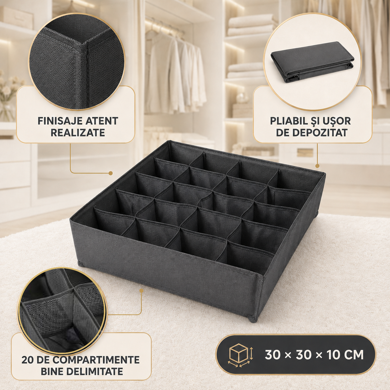 Organizator Pliabil pentru Dulap sau Sertar, 20 Compartimente, 30 × 30 × 10 cm, Gri