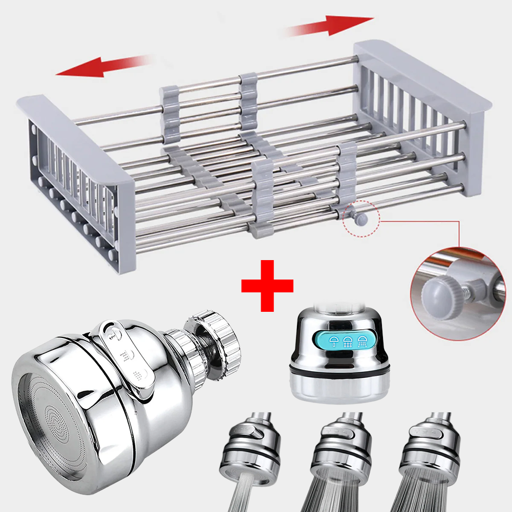 PACHET PROMOTIONAL: Suport extensibil pentru spalat vase si alimente, Gri/Inox + Cap robinet aerator universal, 3 moduri de pulverizare, Argintiu, D4415+D4413