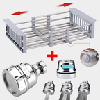 PACHET PROMOTIONAL: Suport extensibil pentru spalat vase si alimente, Gri/Inox + Cap robinet aerator universal, 3 moduri de pulverizare, Argintiu, D4415+D4413