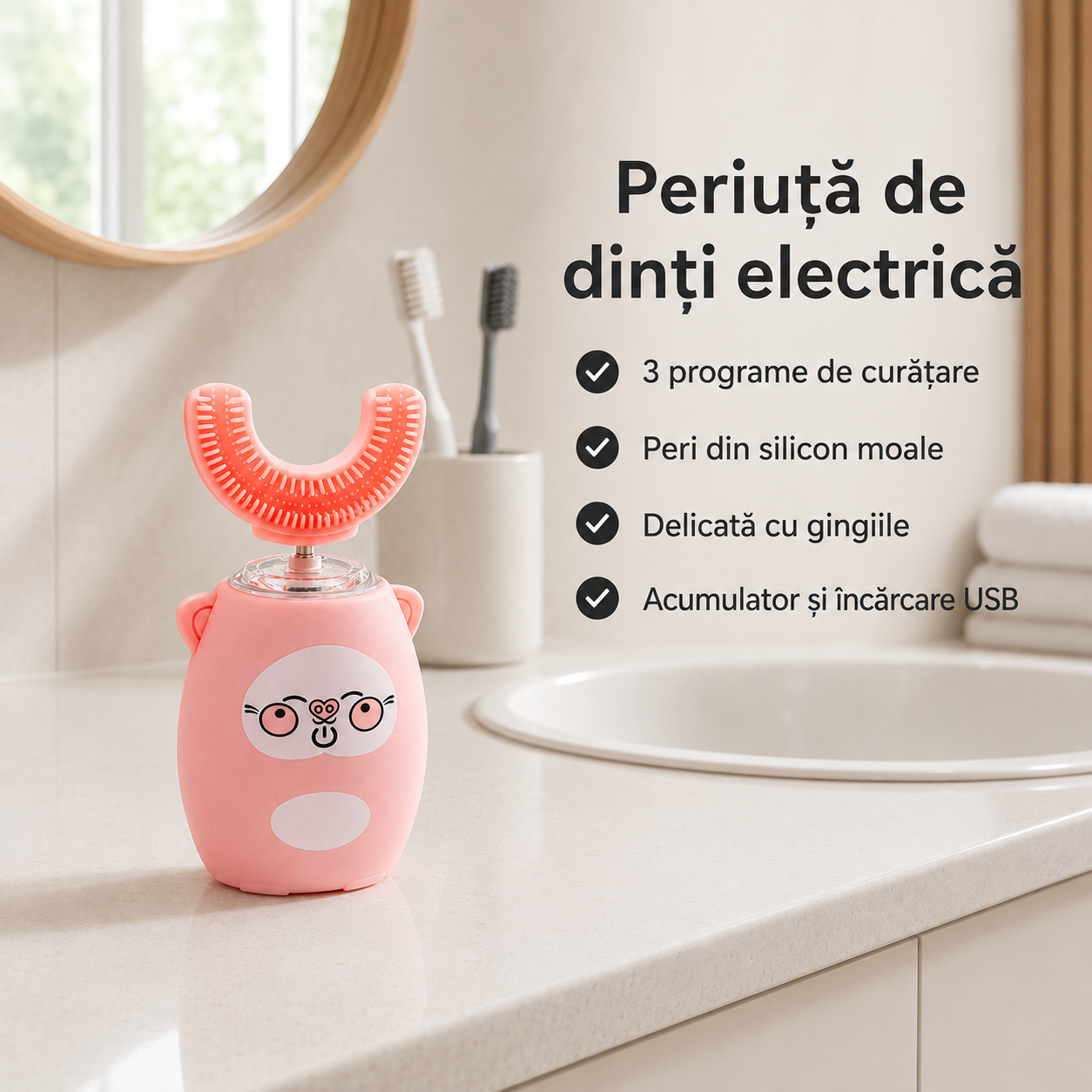 Periuța MagicU – Periuță electrică 360° din silicon alimentar, anti-plâns și zero iritații, 3 programe, reîncărcabilă USB