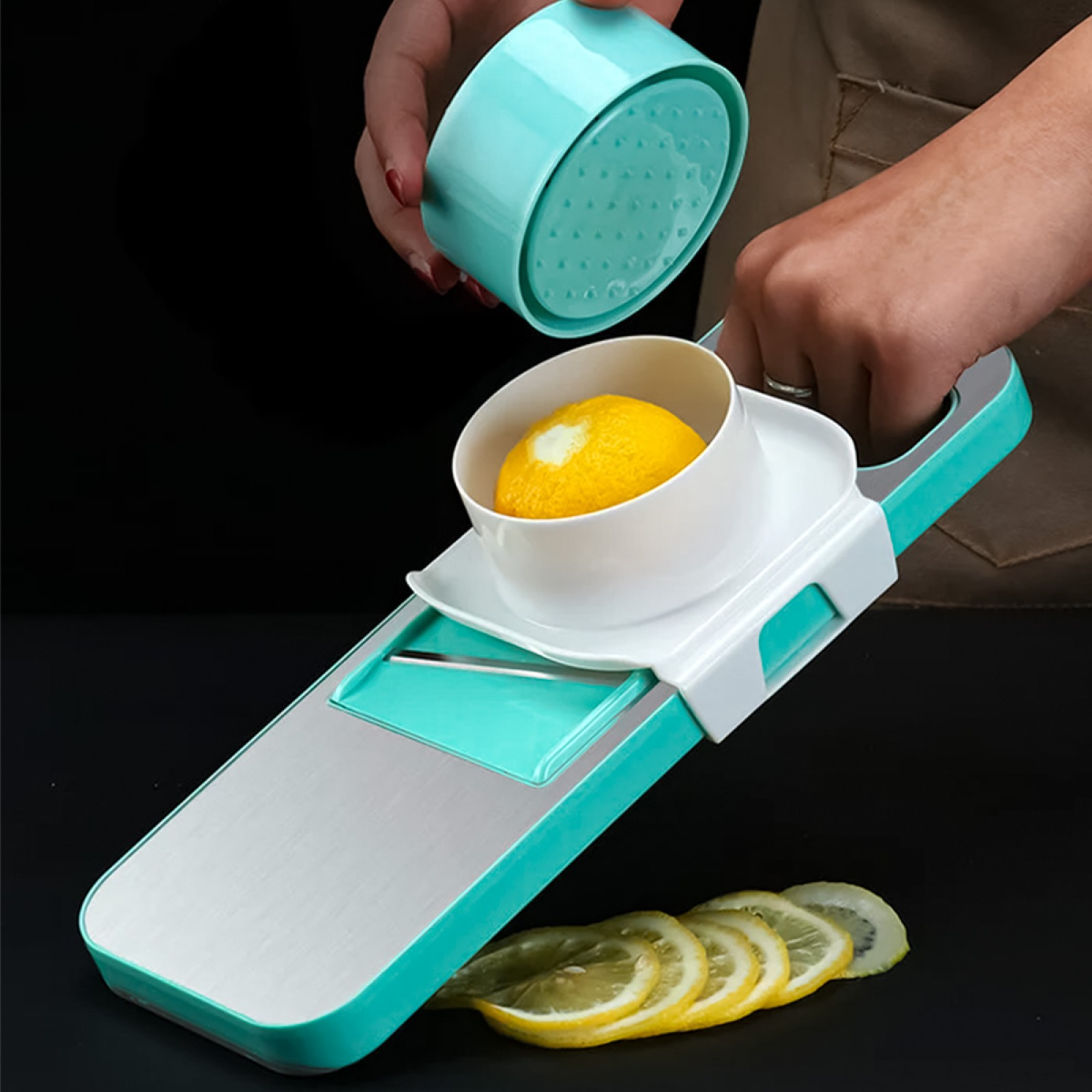 PACHET PROMOTIONAL: Razatoare multifunctionala, cu 5 lame, Albastru + Rasnita manuala, pentru nuci, alune si ciocolata, Maro