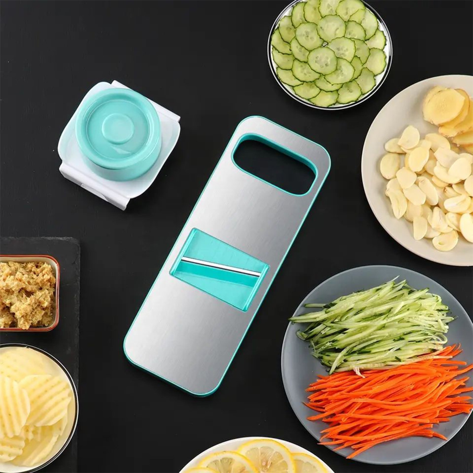 PACHET PROMOTIONAL: Razatoare multifunctionala, cu 5 lame, Albastru + Rasnita manuala, pentru nuci, alune si ciocolata, Maro