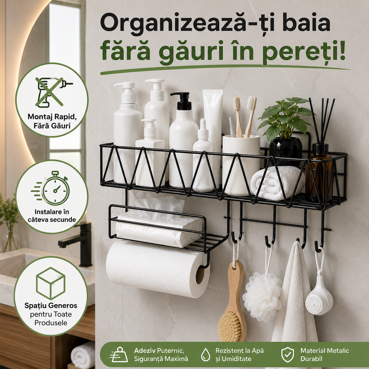 Raft Metalic Premium pentru Baie, Organizator Multifuncțional cu Montaj Fără Găuri