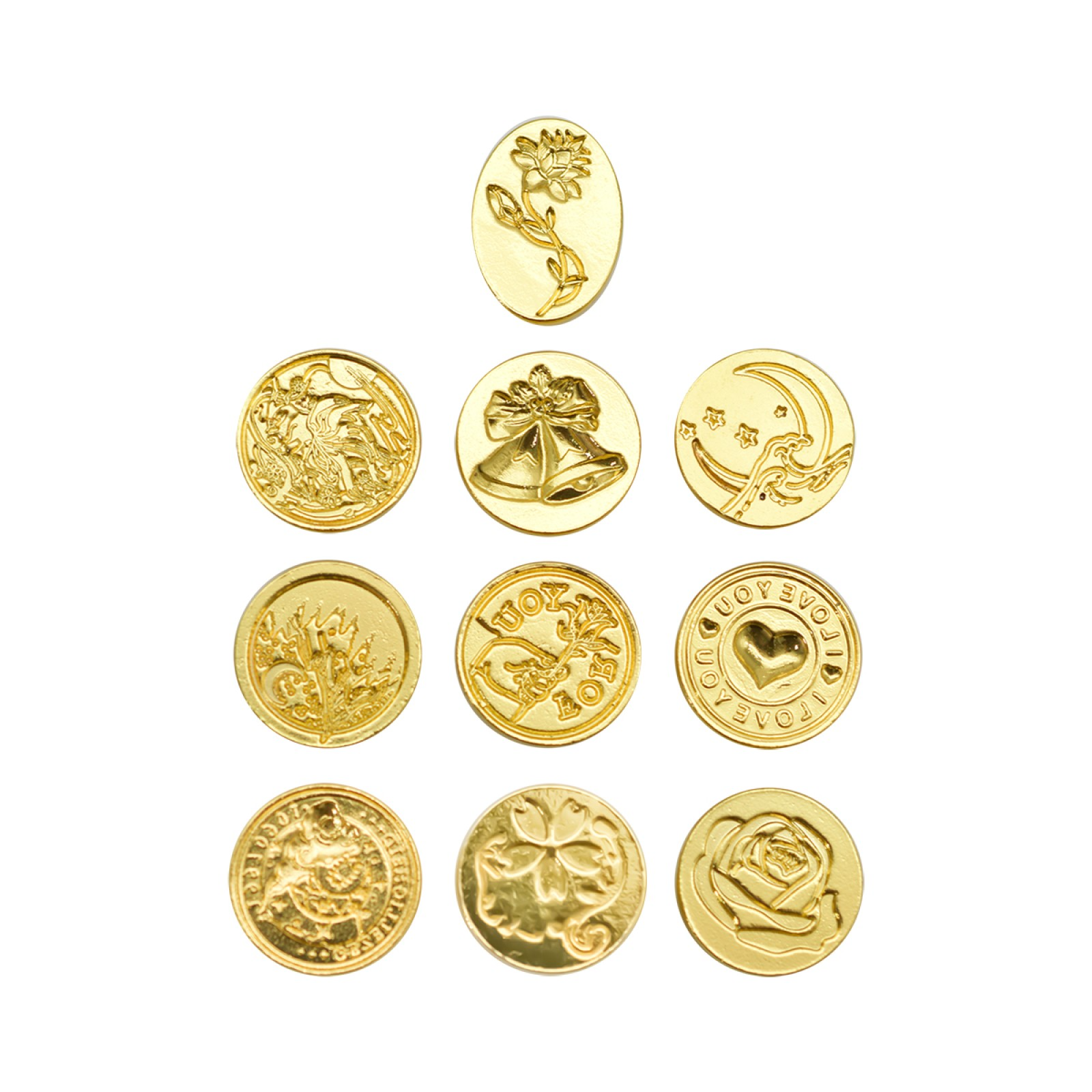 PACHET PROMOTIONAL: Set 10 piese, stampile, pentru sigiliu cu ceara, Auriu + Set ceara multicolora, 10 culori, 45g, multicolor, D5222+D5221