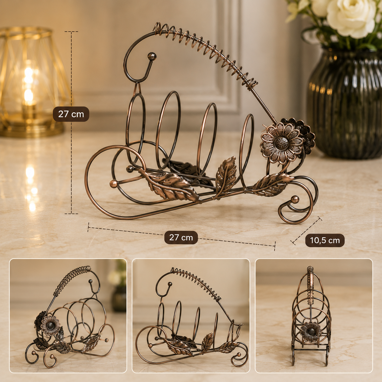 Suport Metalic Decorativ pentru Sticla de Vin, Stil Vintage, 27 cm