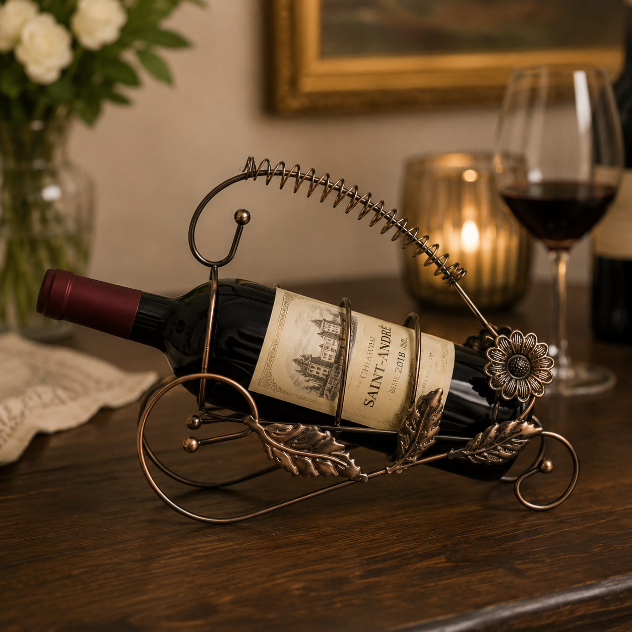 Suport Metalic Decorativ pentru Sticla de Vin, Stil Vintage, 27 cm