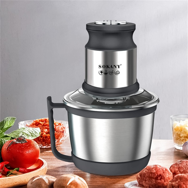 Tocator electric Sokany SK-7027, 4 lame din otel inoxidabil de inalta calitate, 800 W, 3L, recipient din Inox, Negru/Inox