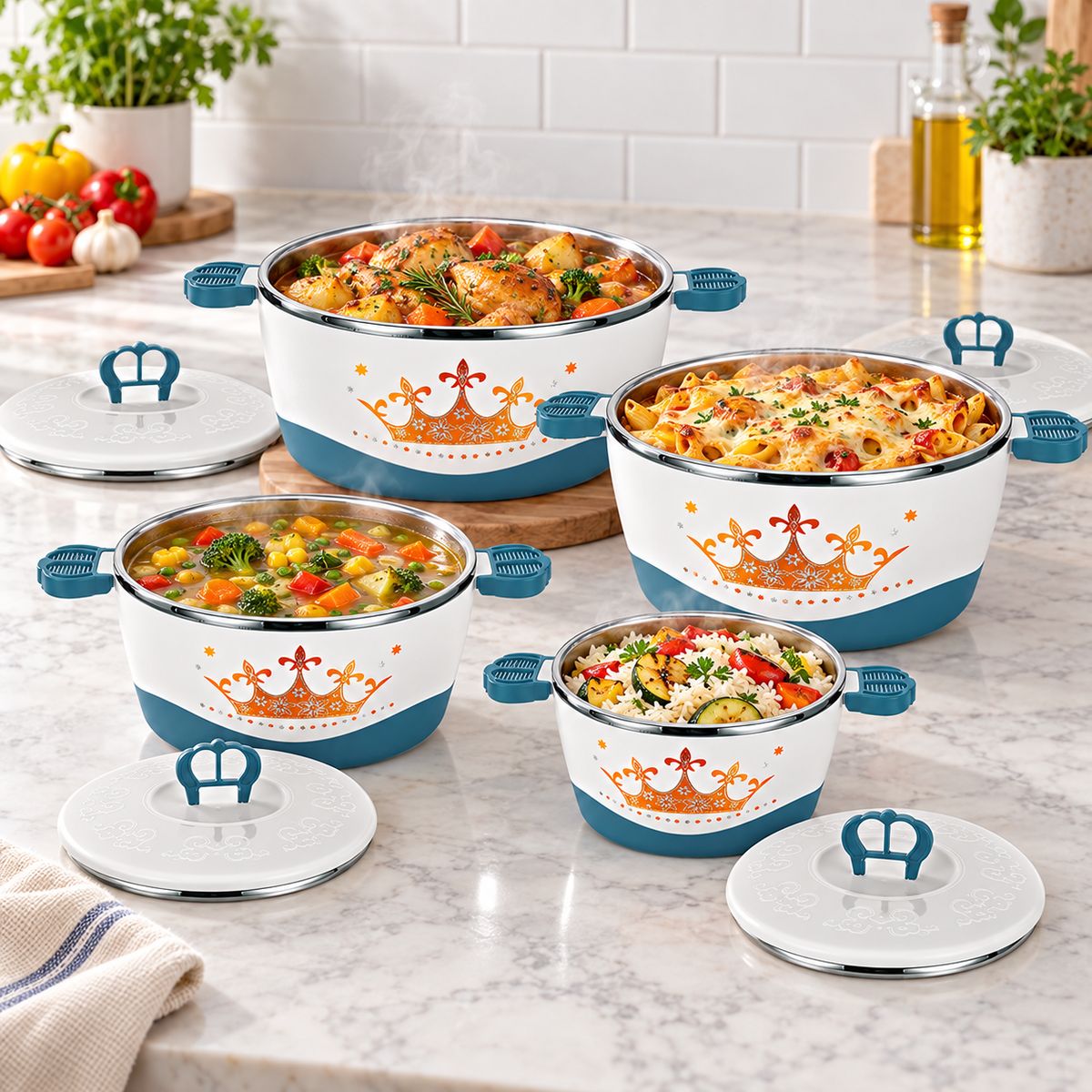 Set 4 Caserole Termice Premium, Interior din Inox și Izolație din Spumă, 1L + 2L + 4L + 6L, Cald până la 4 Ore / Rece până la 6 Ore
